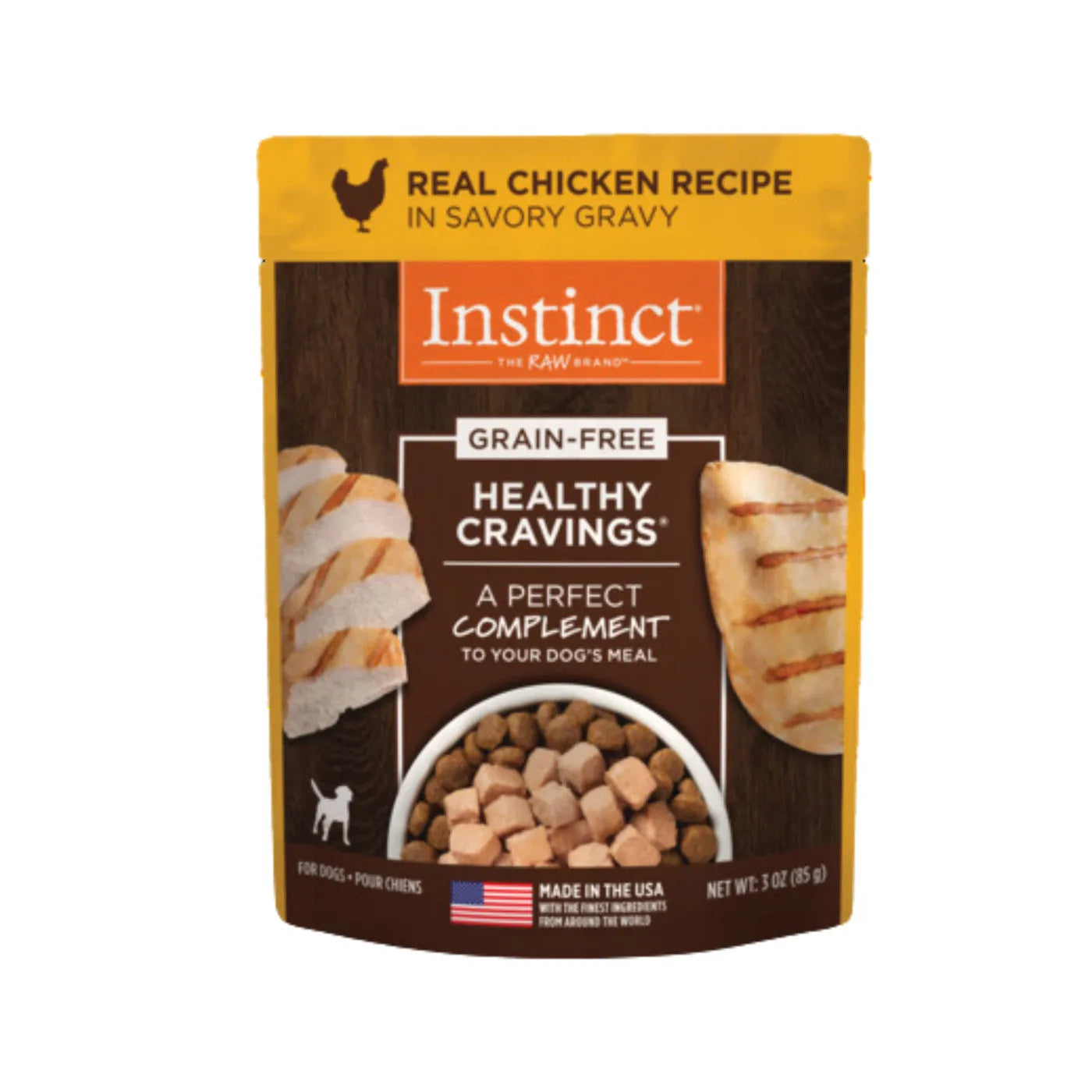 Instinct Healthy Cravings Chicken Dog Food Pouch by The Family Pet, 3oz, featuring a vibrant design, perfect for dogs.