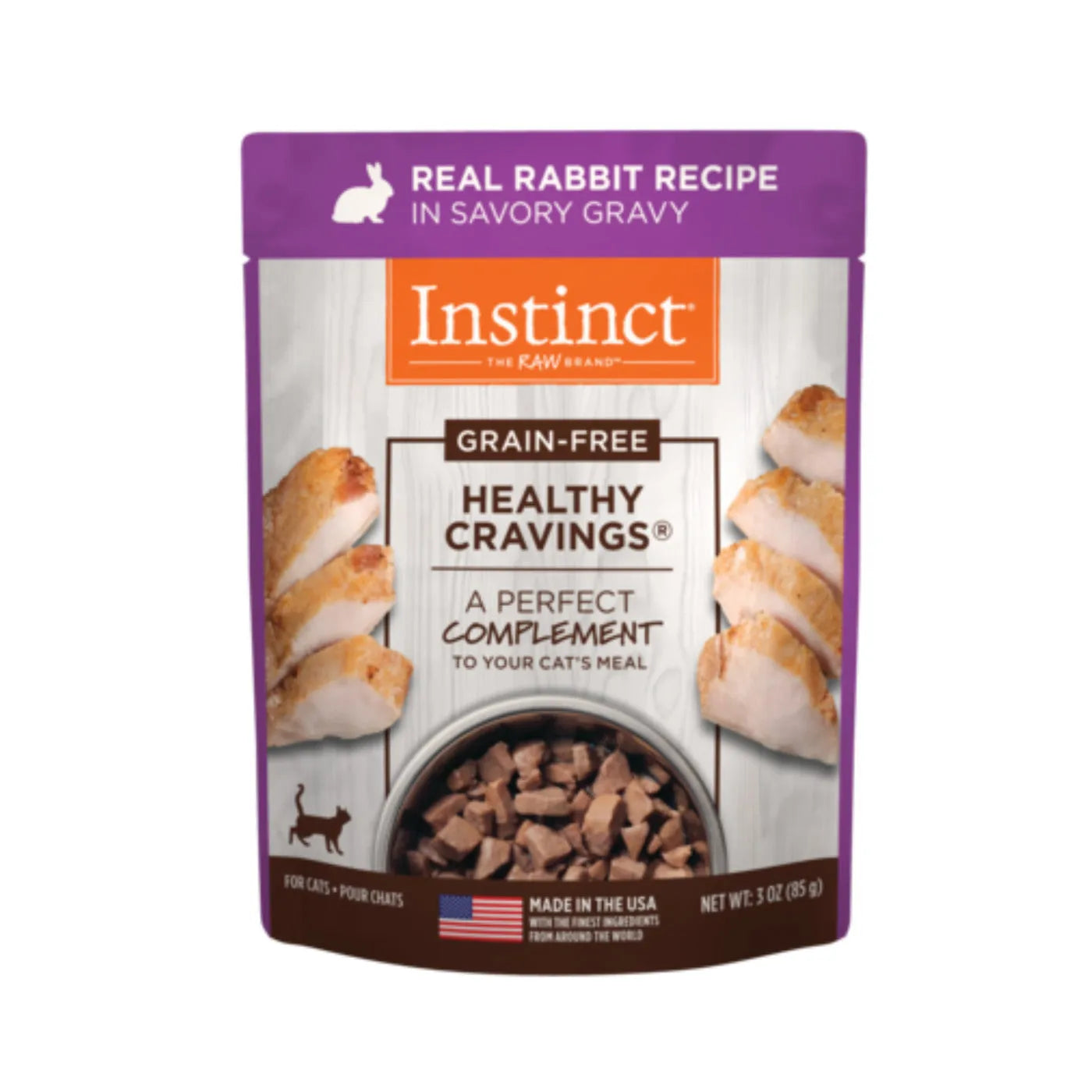 Instinct Healthy Cravings Rabbit Cat Food Pouch by The Family Pet, 3oz, featuring a vibrant design, perfect for cats.