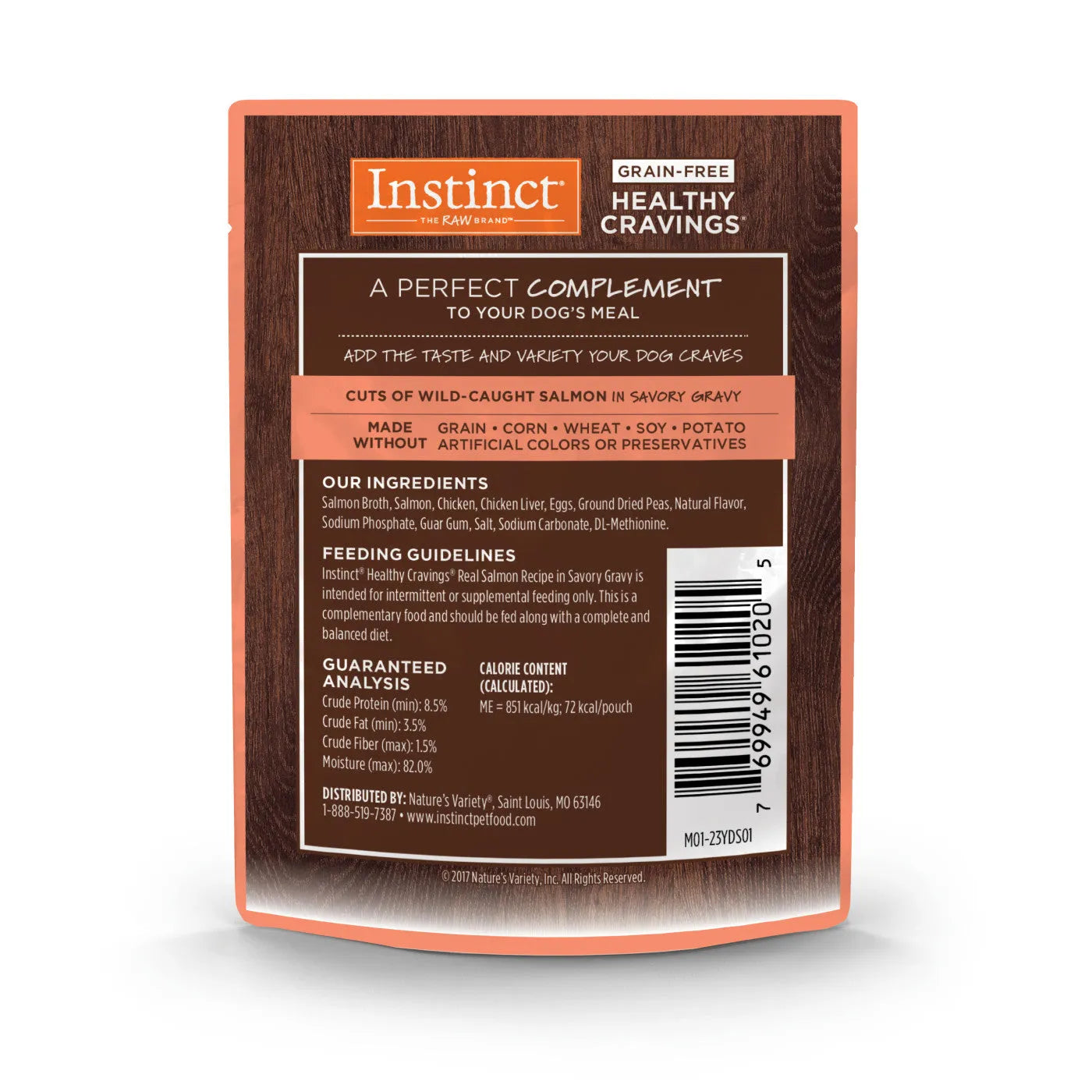 Instinct Healthy Cravings Salmon Dog Food Pouch by Purrfect Pet Kingdom, 3oz, featuring a vibrant salmon design for dogs.