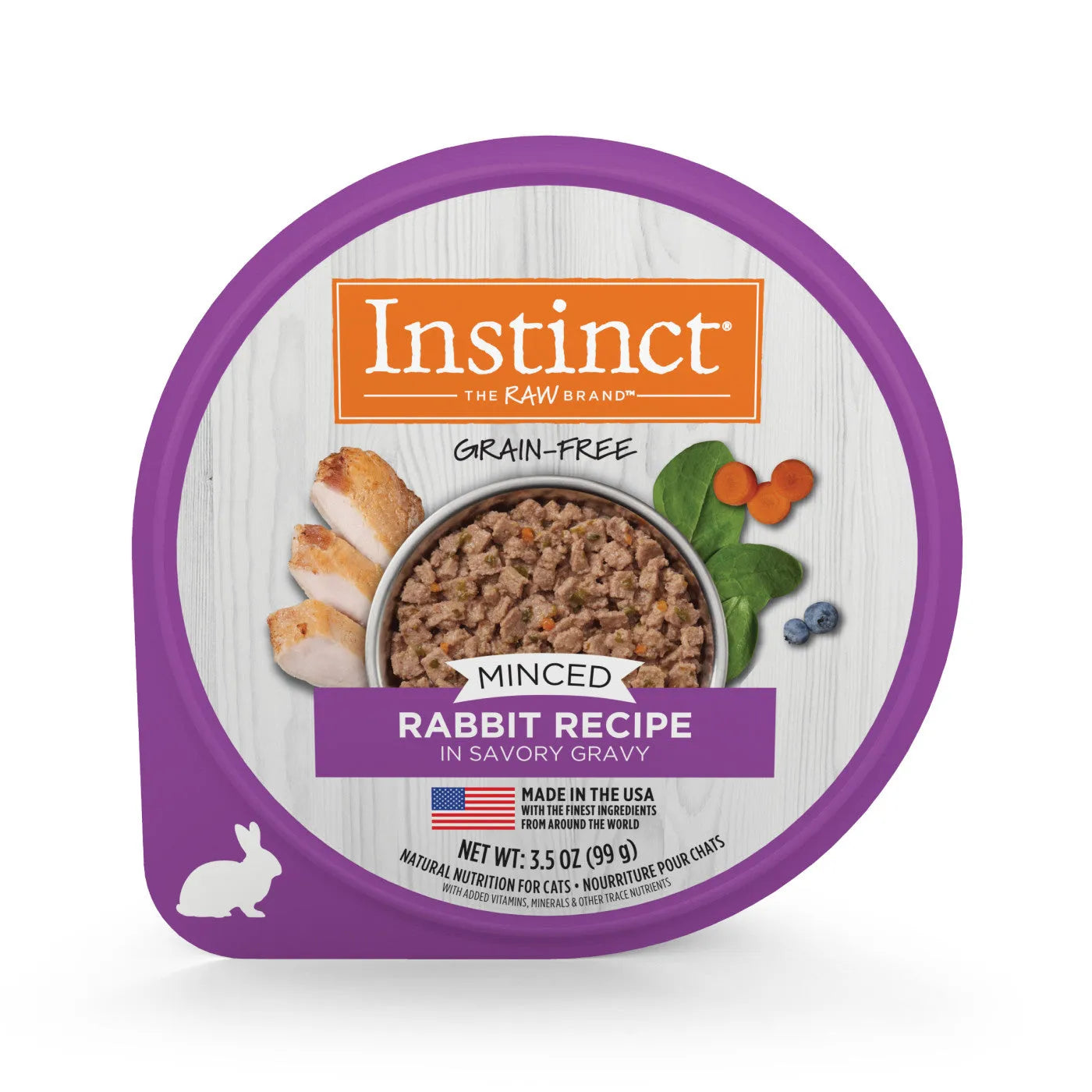 Instinct Minced Rabbit Cat Food Cup by The Family Pet, 3.5oz, featuring a colorful design, perfect for wet cat food lovers.