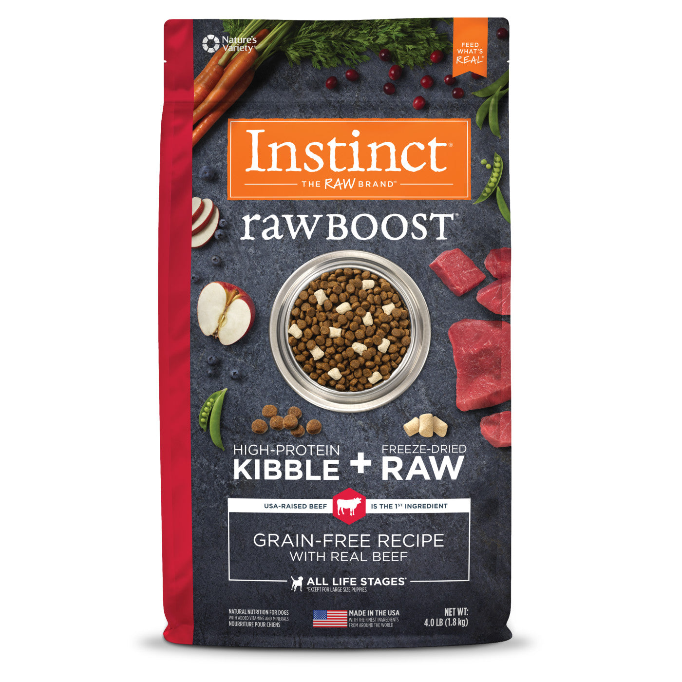Instinct Raw Boost beef dog food bag featuring high-protein kibble and freeze-dried raw beef