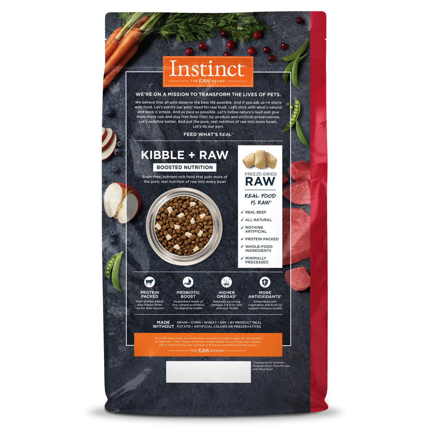 Instinct Raw Boost beef dog food bag featuring kibble and raw ingredients for optimal pet nutrition