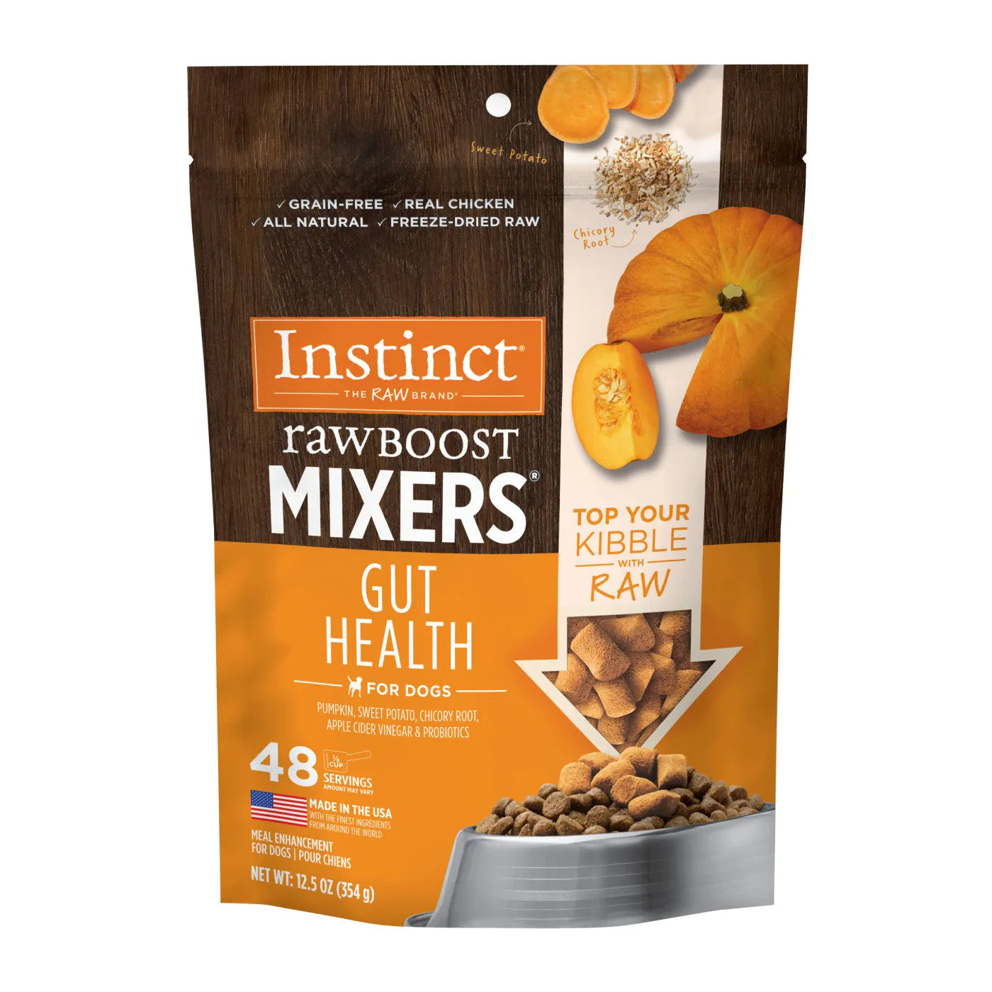 Instinct Raw Boost Freeze Dried Gut Health Dog Mixers by The Family Pet, 16.99, featuring a vibrant packaging design.