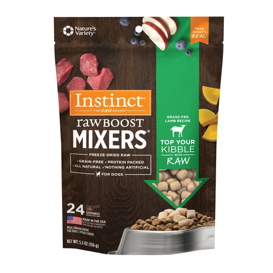 Instinct Raw Boost Freeze Dried Lamb Dog Mixers by The Family Pet, 5.5oz bag, featuring a vibrant design for dog food topp...
