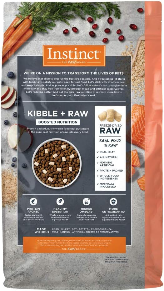 Instinct Raw Boost salmon dog food in a bag showcasing kibble and freeze-dried raw for improved nutrition