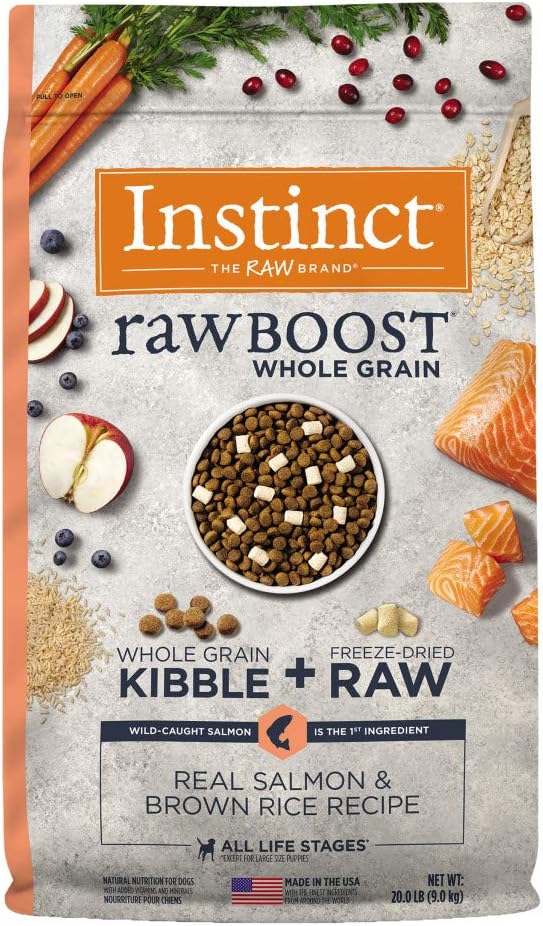Instinct Raw Boost salmon dog food bag featuring real salmon and whole grain ingredients