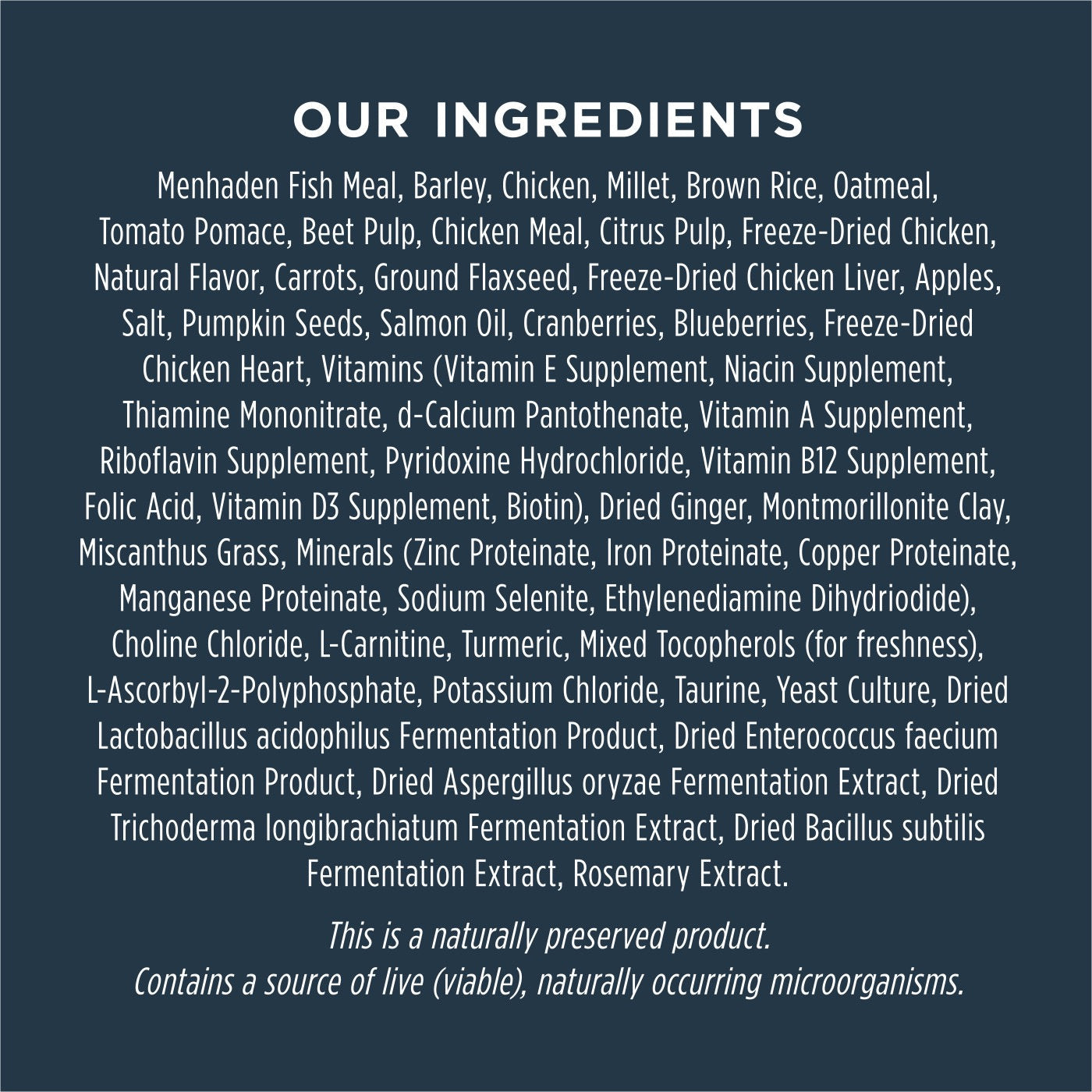 Ingredient list for Instinct Raw Boost whole grain dog food featuring natural proteins and essential vitamins
