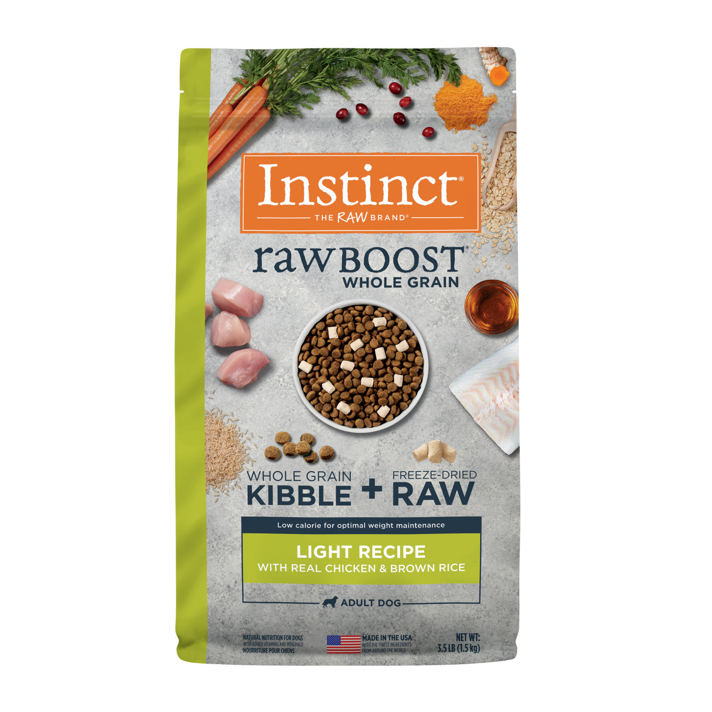 Instinct Raw Boost whole grain dog food with real chicken and brown rice in a light recipe for adult dogs