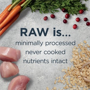 Ingredients for Instinct Raw Boost whole grain dog food featuring chicken, carrots, oats, and cranberries