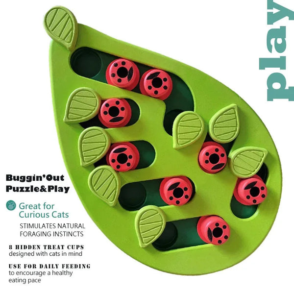 Interactive cat food puzzle bowl with 8 hidden treat cups for stimulating curious cats