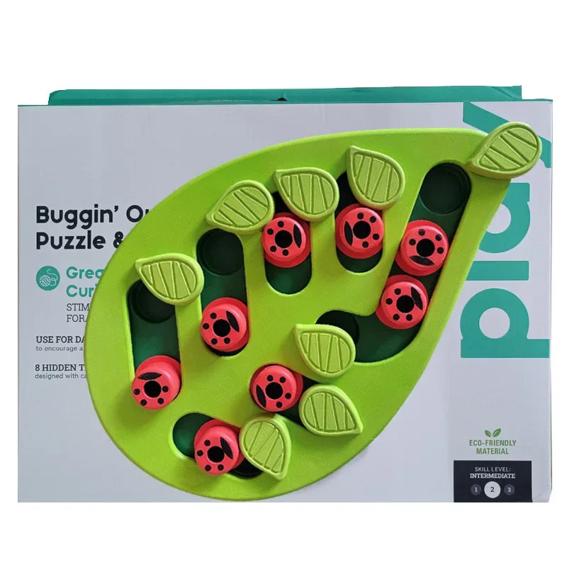 Interactive cat food puzzle with leaf design and hidden treat compartments for engaging feeding