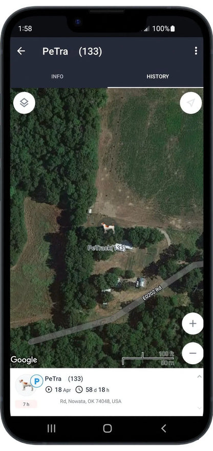 Smartphone showing GPS tracking map on iTrackPET GPS Tracking Harness in use by Purrfect Pet Kingdom