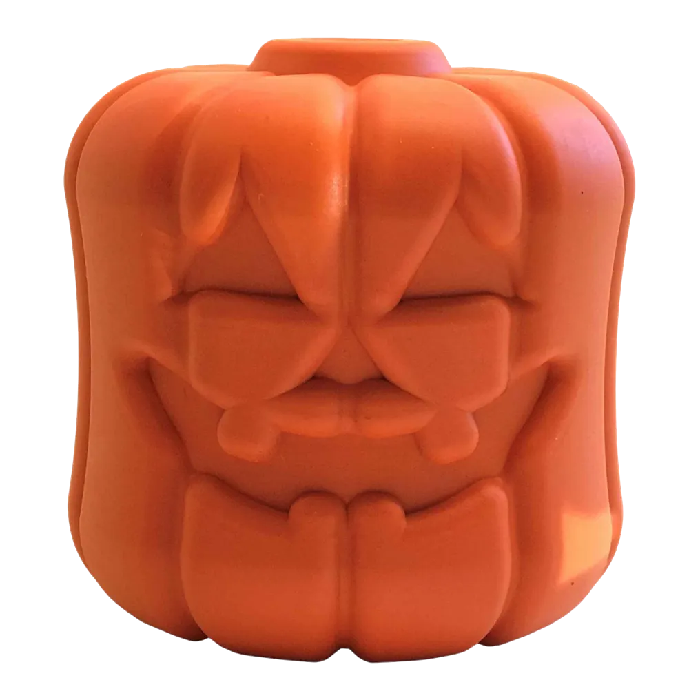 Durable orange Jack O' Lantern dog toy by SodaPup, designed for large dogs, perfect for Halloween chewing fun.