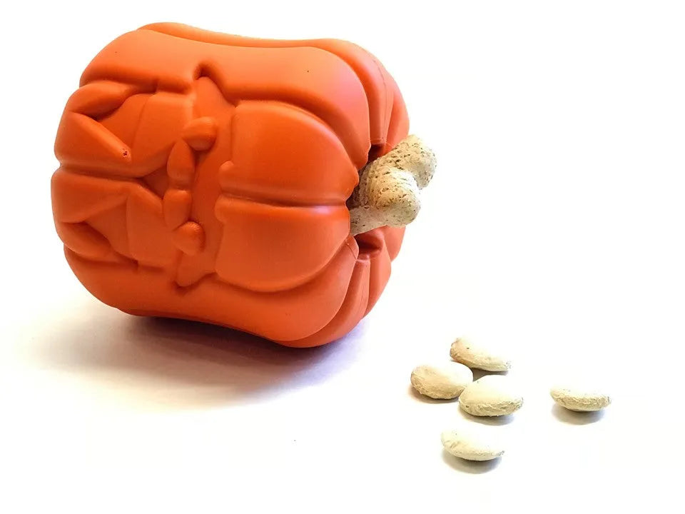 Large orange Jack O' Lantern Dog Toy by SodaPup, a durable Halloween chew toy for large dogs, perfect for festive playtime.