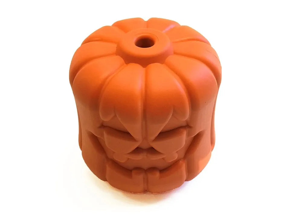 Durable large Jack O' Lantern dog toy by SodaPup, perfect Halloween chew toy for big dogs, made in the USA.