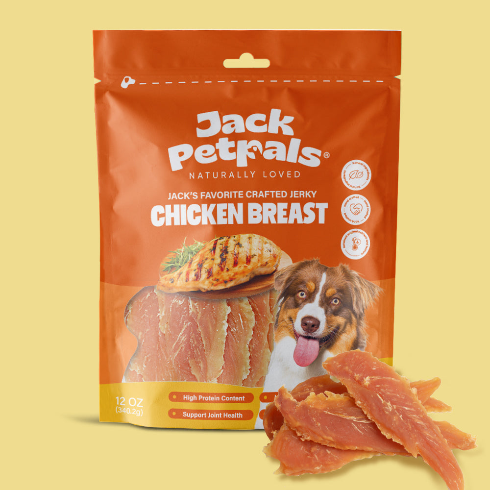 Jack PetPals chicken breast treats 12oz package with jerky pieces and dog image for healthy snacking