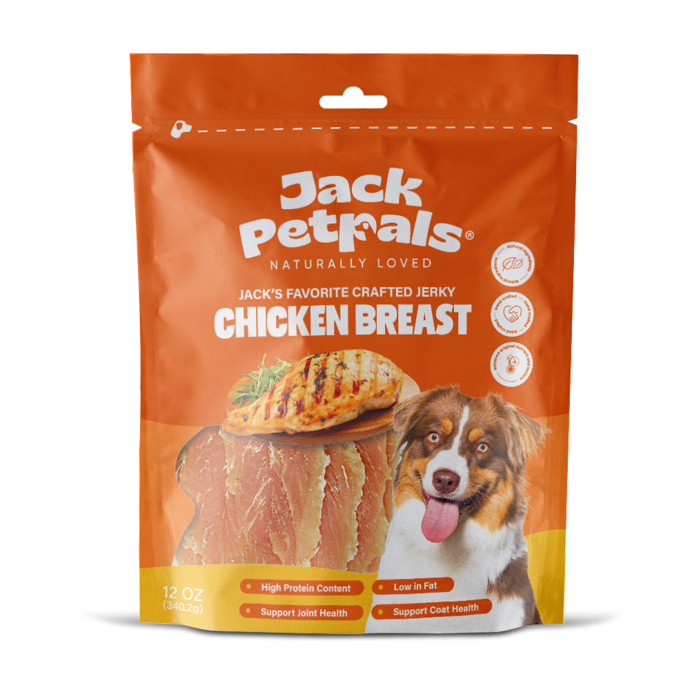 Jack PetPals chicken breast treats 12oz in a colorful packaging with a dog and treat image
