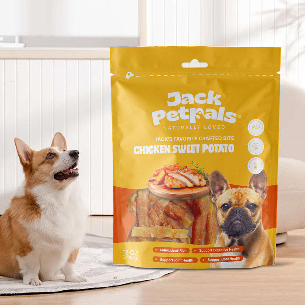 Jack PetPals chicken dog treats 12oz pack featuring chicken and sweet potato for healthy dog snacks