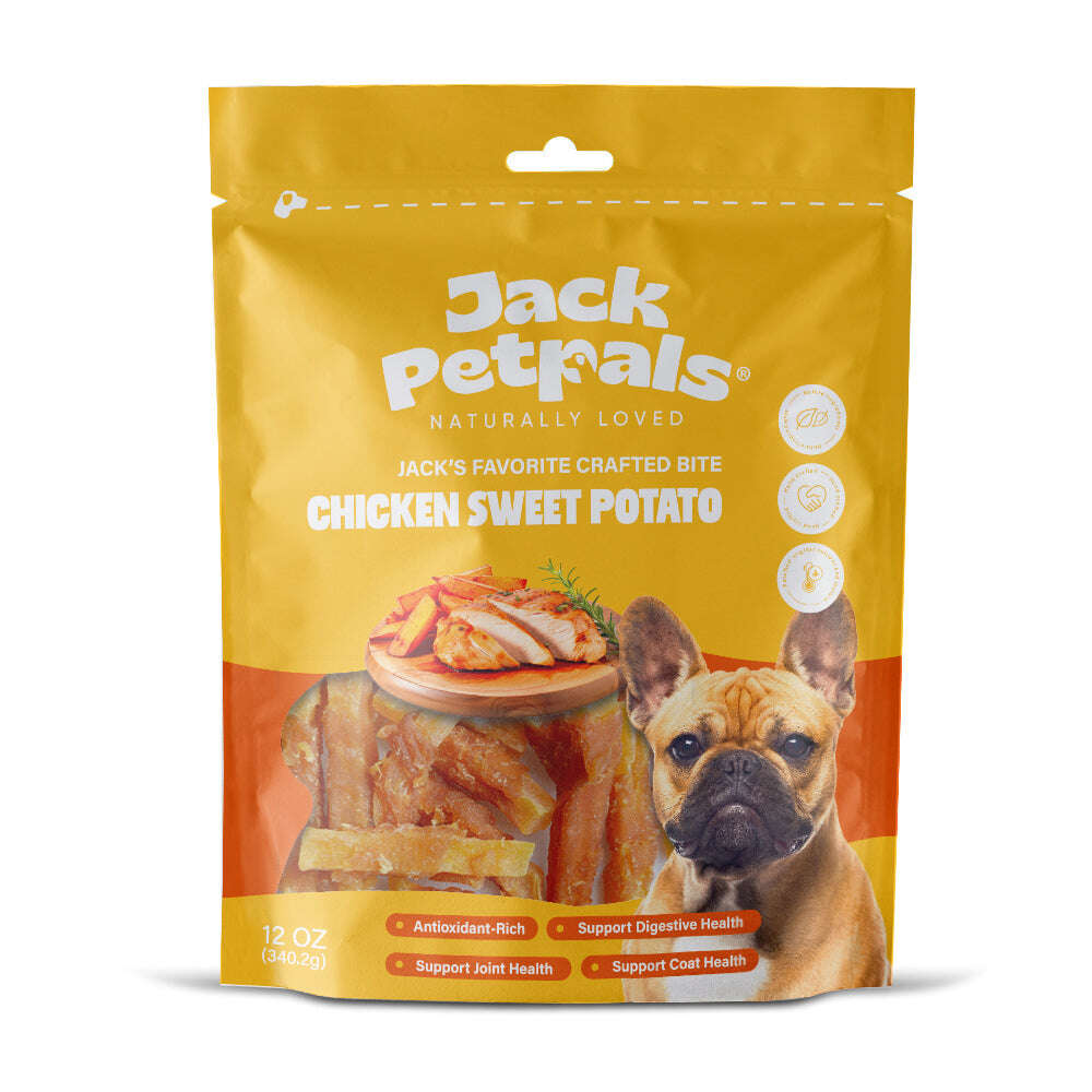 Jack PetPals chicken dog treats 12oz pack featuring chicken and sweet potato for healthy pet snacks