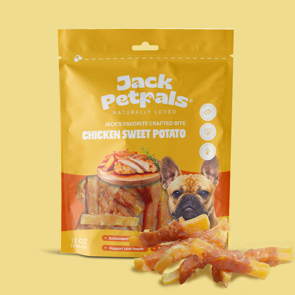 Jack PetPals chicken dog treats 12oz pouch featuring chicken and sweet potato bites for joint health