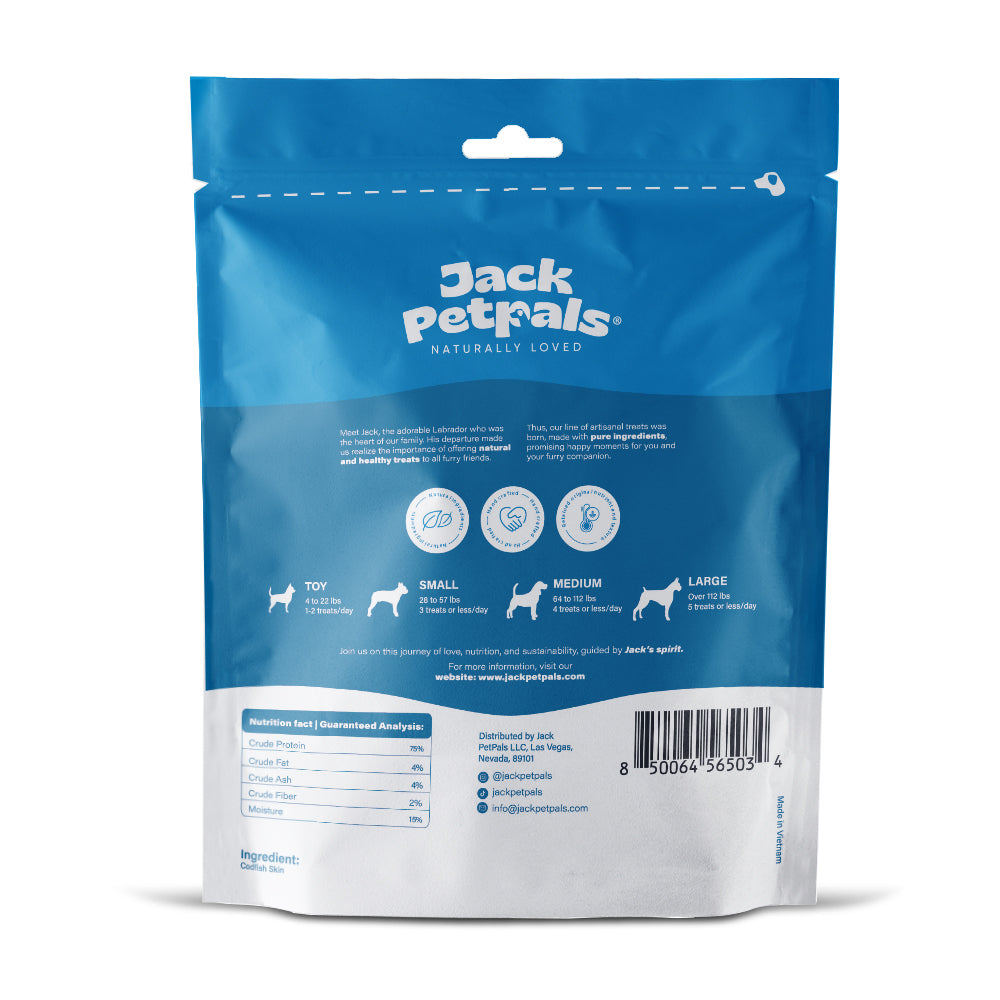 Jack PetPals codfish treats 6oz packaged for dogs with nutritional information and pet size guidelines