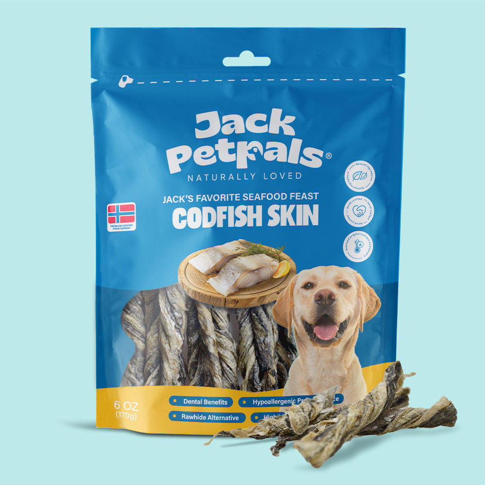 Jack PetPals codfish treats 6oz in packaging, featuring dog-friendly codfish skin for healthy treats