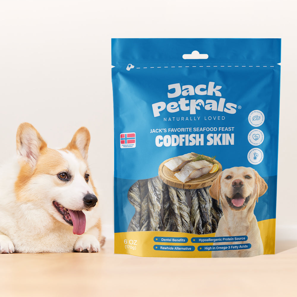Jack PetPals codfish treats 6oz package with a happy dog and codfish skin treats for healthy chewing