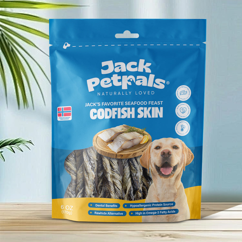 Jack PetPals codfish treats 6oz pack featuring tasty seafood feast for dogs with dental benefits