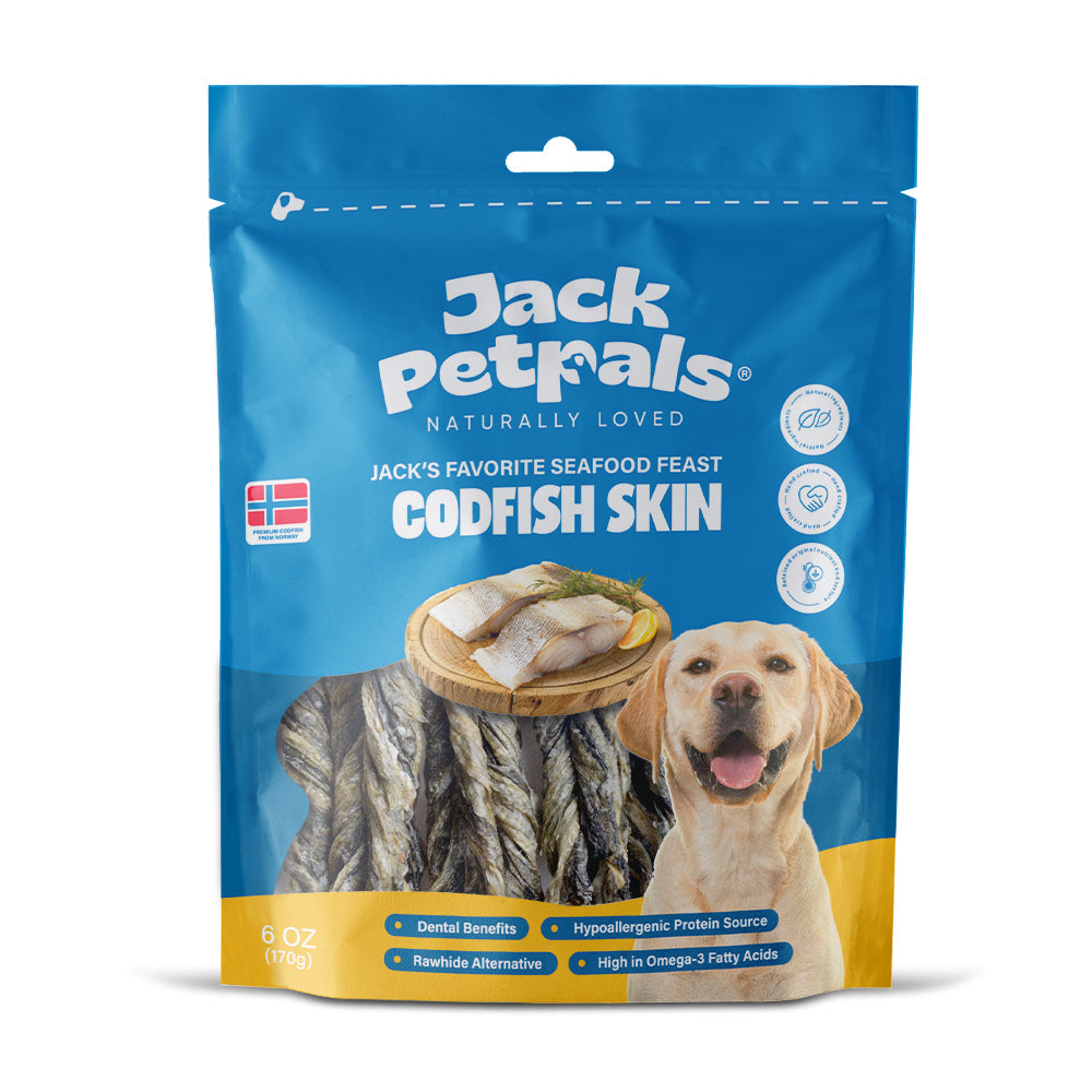 Jack PetPals codfish treats 6oz package featuring dental benefits and hypoallergenic protein source for dogs