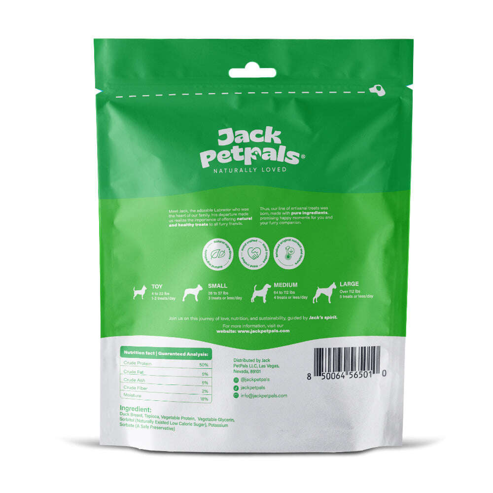Jack PetPals dog jerky 12oz packaging featuring natural ingredients and serving suggestions for pets