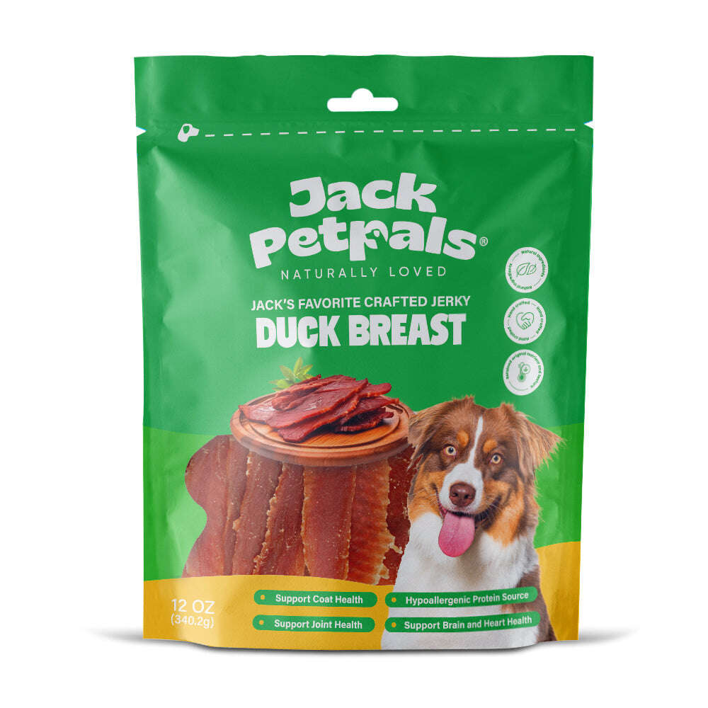 Jack PetPals dog jerky 12oz packaging with duck breast and a happy dog image