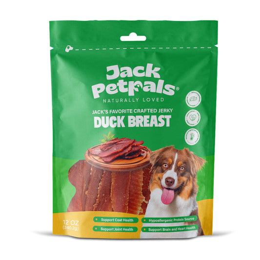 Jack PetPals dog jerky 12oz packaging with duck breast and a happy dog image