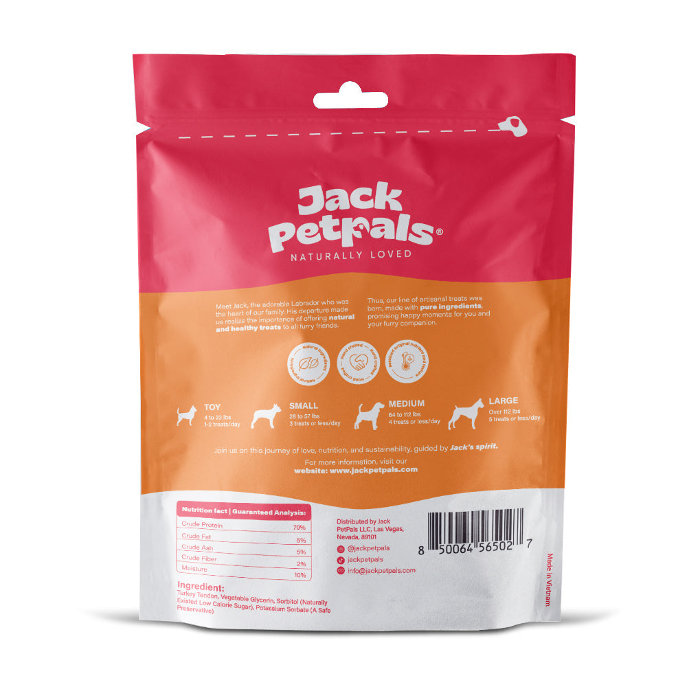 Jack PetPals Dog Treats package featuring healthy turkey treats for dogs with nutritional information on the back.