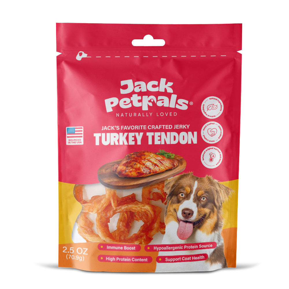 Jack PetPals healthy turkey treats for dogs in a vibrant bag featuring Turkey Tendon Jerky