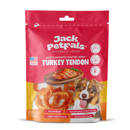 Jack PetPals healthy turkey treats for dogs in a vibrant bag featuring Turkey Tendon Jerky