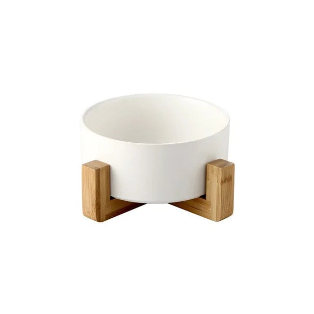 Ceramic Raised Cat Bowl w/ Wood Stand - Ameraeon