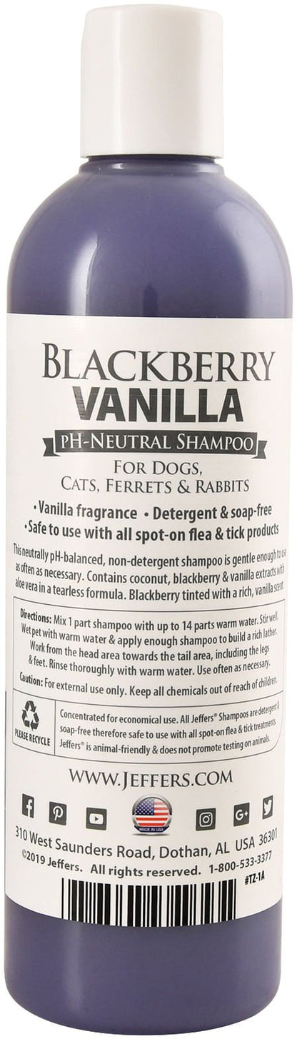Luxurious purple Blackberry Vanilla pH-balanced pet shampoo by Purrfect Pet Kingdom in a clear bottle with white cap.