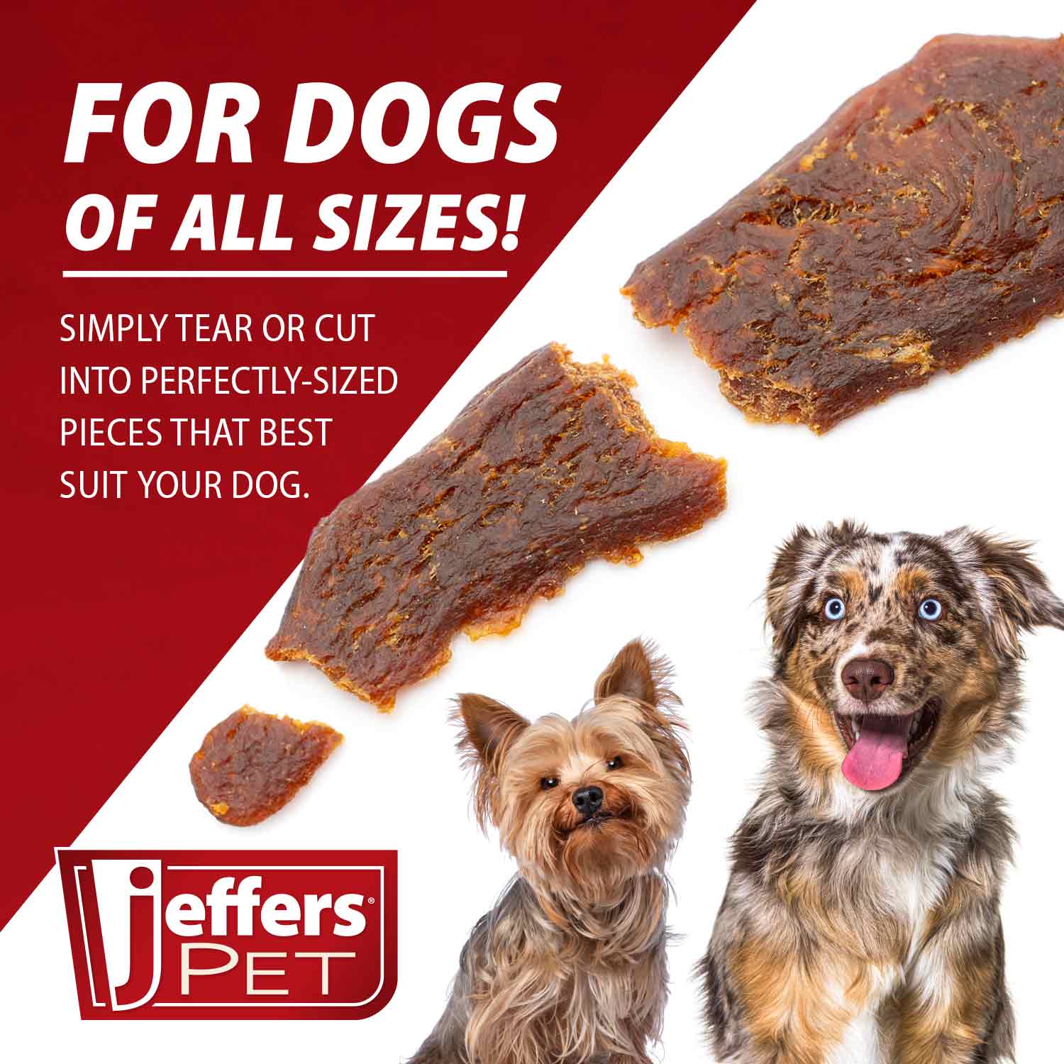 Brown chicken jerky pieces for all dog sizes. Features a Yorkie and an Aussie on a red and white background.