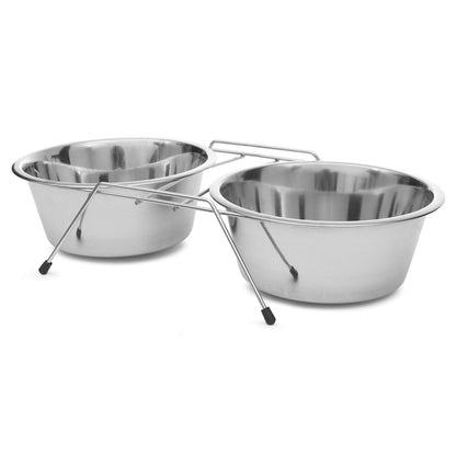 Jeffers Low Profile Stainless Steel Double Diner Pet Bowls in a silver wire stand with non-slip rubber feet.