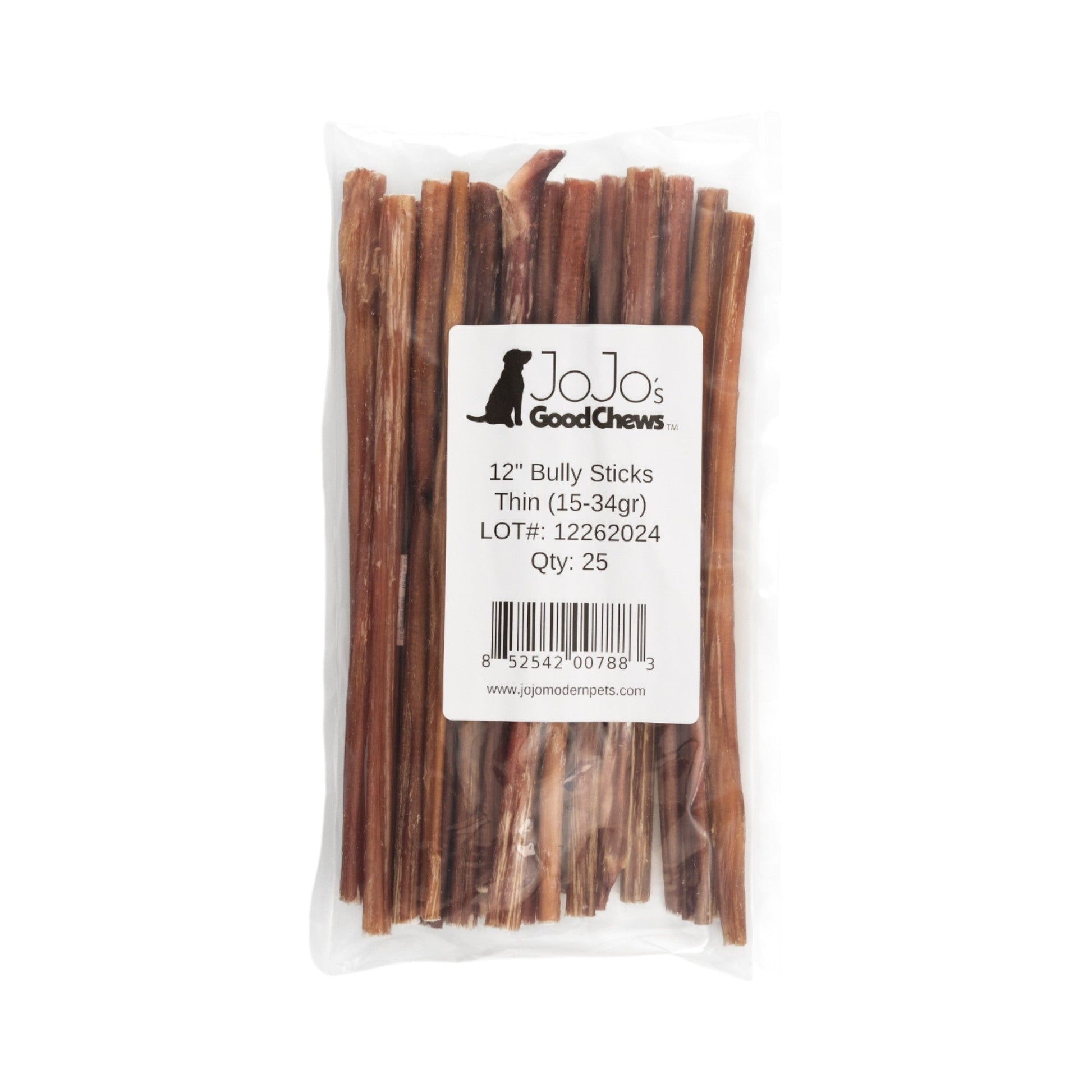Purrfect Pet Kingdom nutrient rich dog chews in a clear bag of thin 12 inch bully sticks for healthy dogs