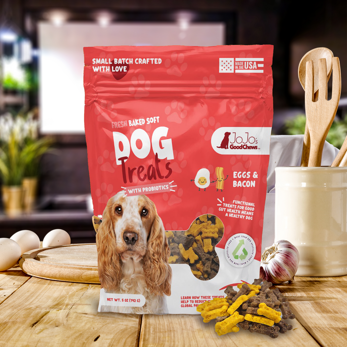 JoJo's Fresh Baked Soft Dog Treats with Probiotics, Eggs and Bacon, ideal soft chew dog treats for picky eaters