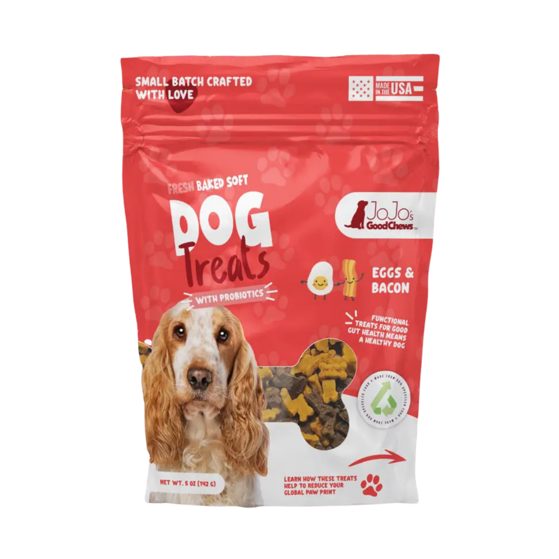JoJo's Good Chews soft chew dog treats for picky eaters made with eggs and bacon, packed with probiotics