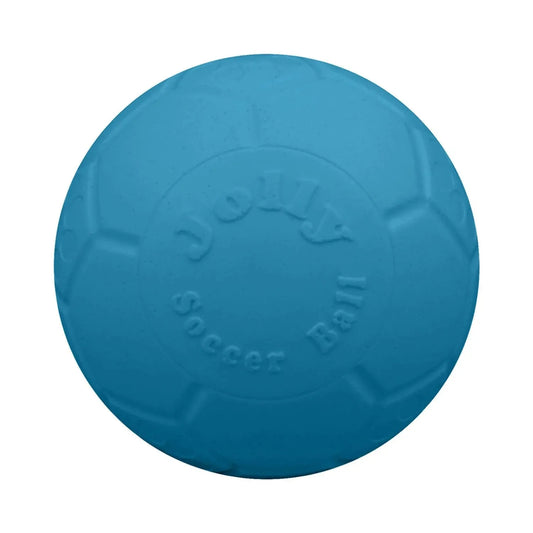 Blue Jolly Pets Soccer Ball by The Family Pet, available in 6in and 8in sizes, perfect for active dog playtime.