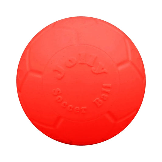 Orange Jolly Pets Soccer Ball by The Family Pet, available in 6in and 8in sizes, perfect for playful dogs.