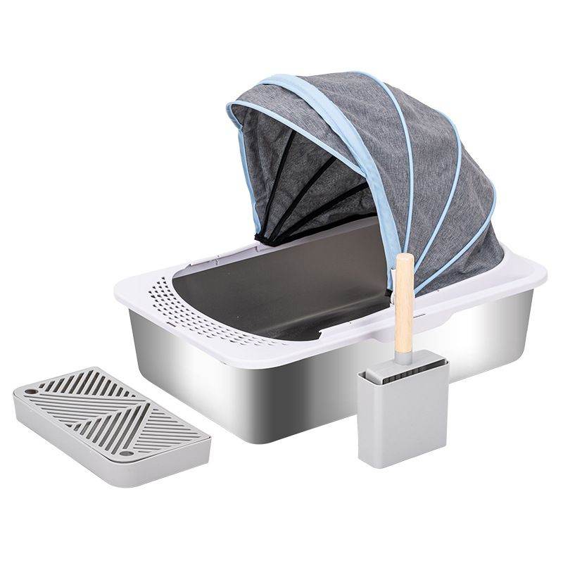 Purrfect Pet Kingdom jumbo stainless steel cat litter box with high sides, litter mat, and scoop with cover