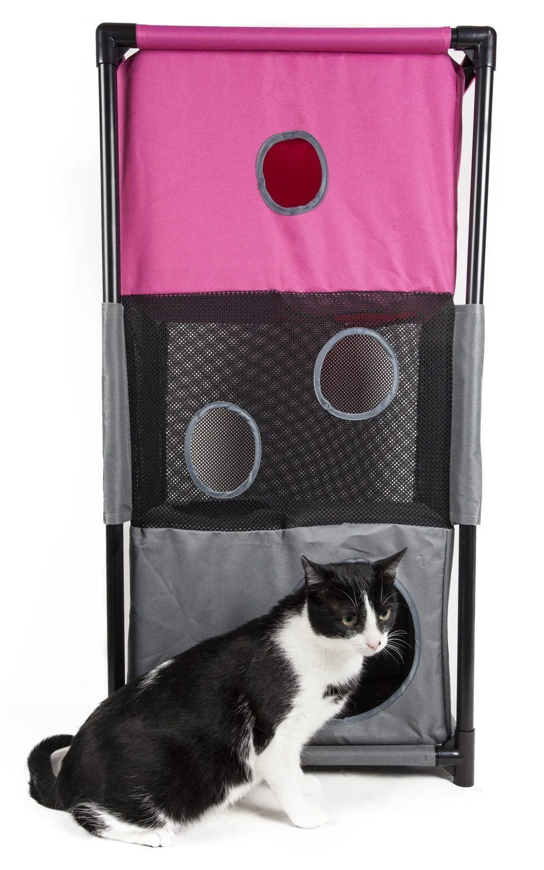 Kitty-Square Collapsible Travel Cat Tree by Purrfect Pet Kingdom® in stylish black, perfect for active felines on the go.
