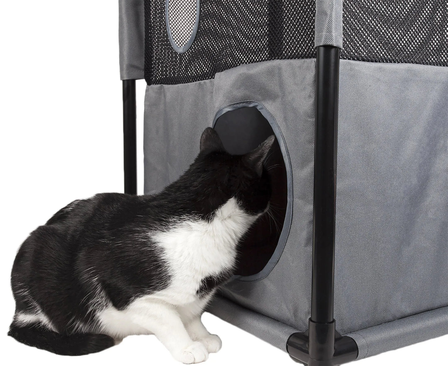 Kitty-Square Collapsible Travel Cat Tree by Purrfect Pet Kingdom® in stylish black, perfect for active felines on the go.