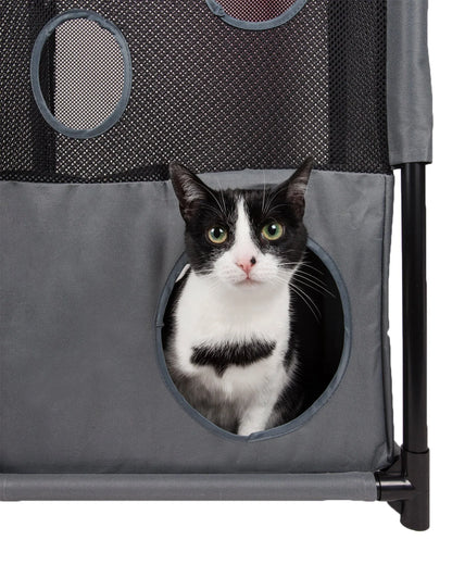 Kitty-Square Collapsible Travel Cat Tree by Purrfect Pet Kingdom® in stylish black, perfect for active felines on the go.