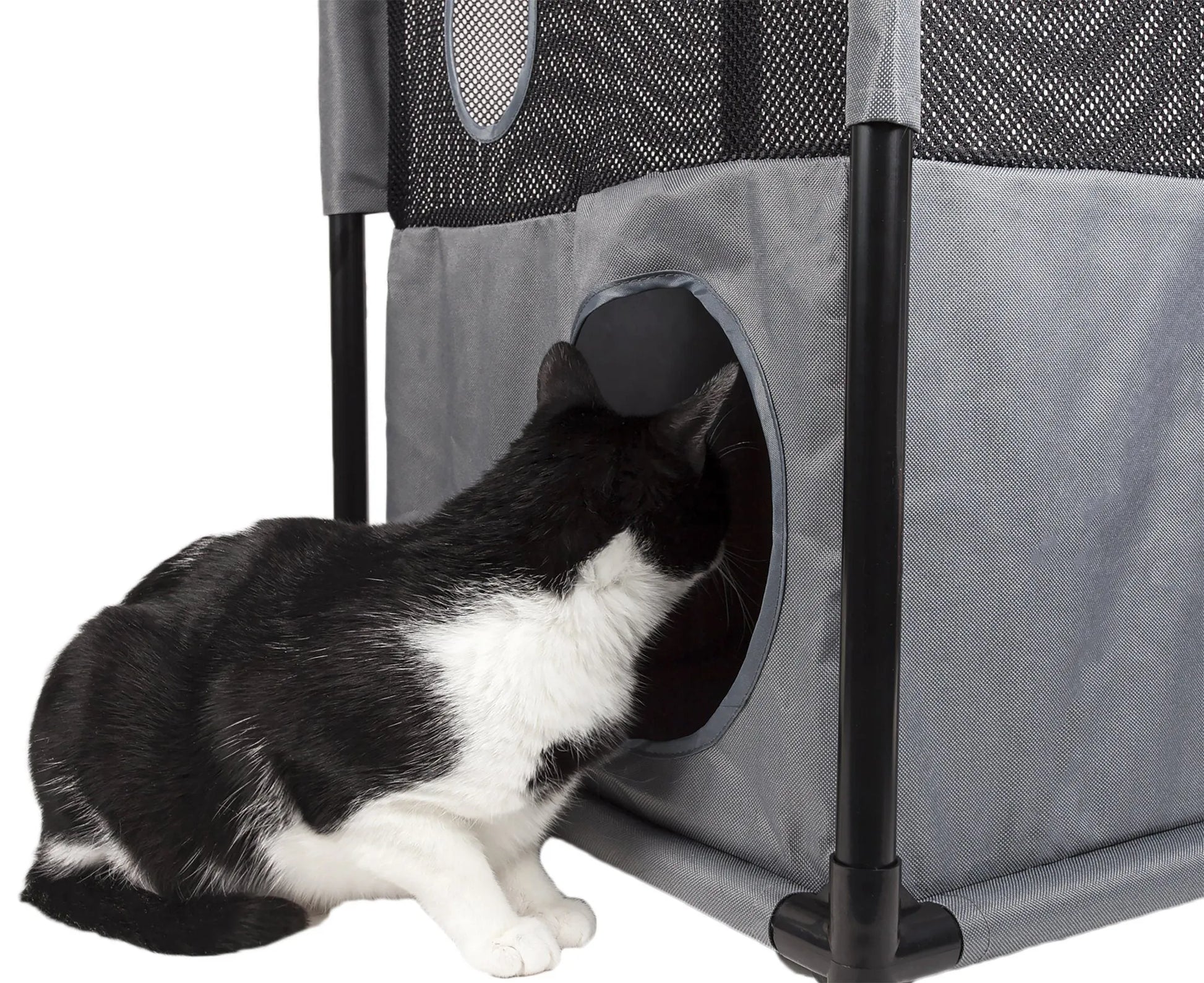 Kitty-Square Collapsible Travel Cat Tree by Purrfect Pet Kingdom® in stylish black, perfect for active felines on the go.