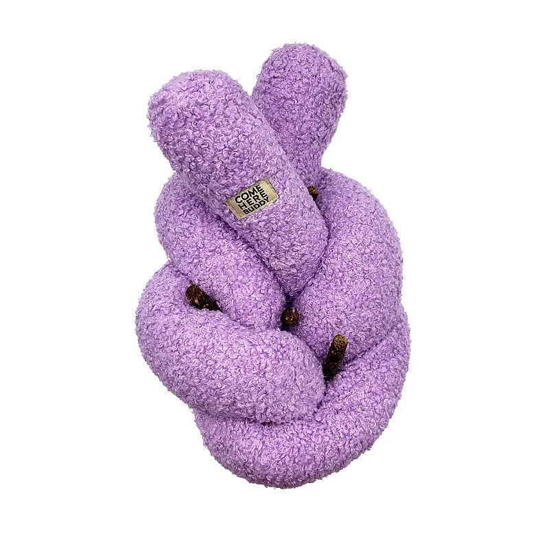 Knott dog toy by Come Here Buddy in lilac, grey, and sage colors, perfect for interactive playtime with your furry friend.